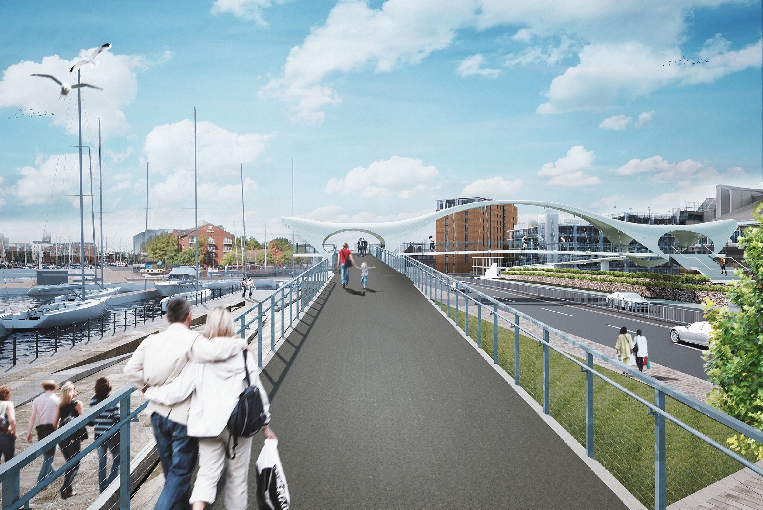 A view of the proposed new nine-storey hotel, also showing the new Princes Quay footbridge, currently under construction, as seen from the south east side of Castle Street in Hull.