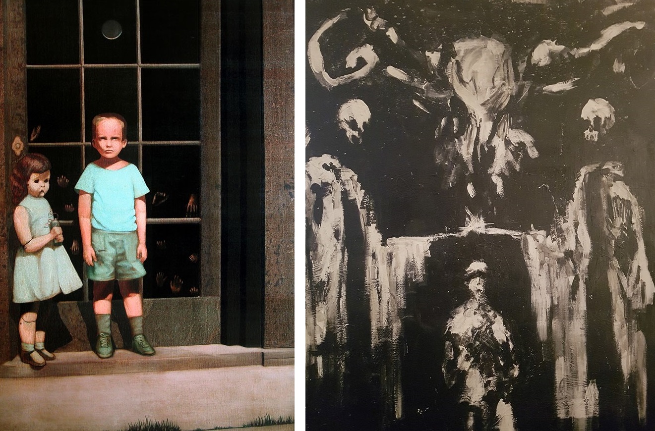 The Hands Resist Them and Sinister, two paintings on show at the Haunted Objects Museum.