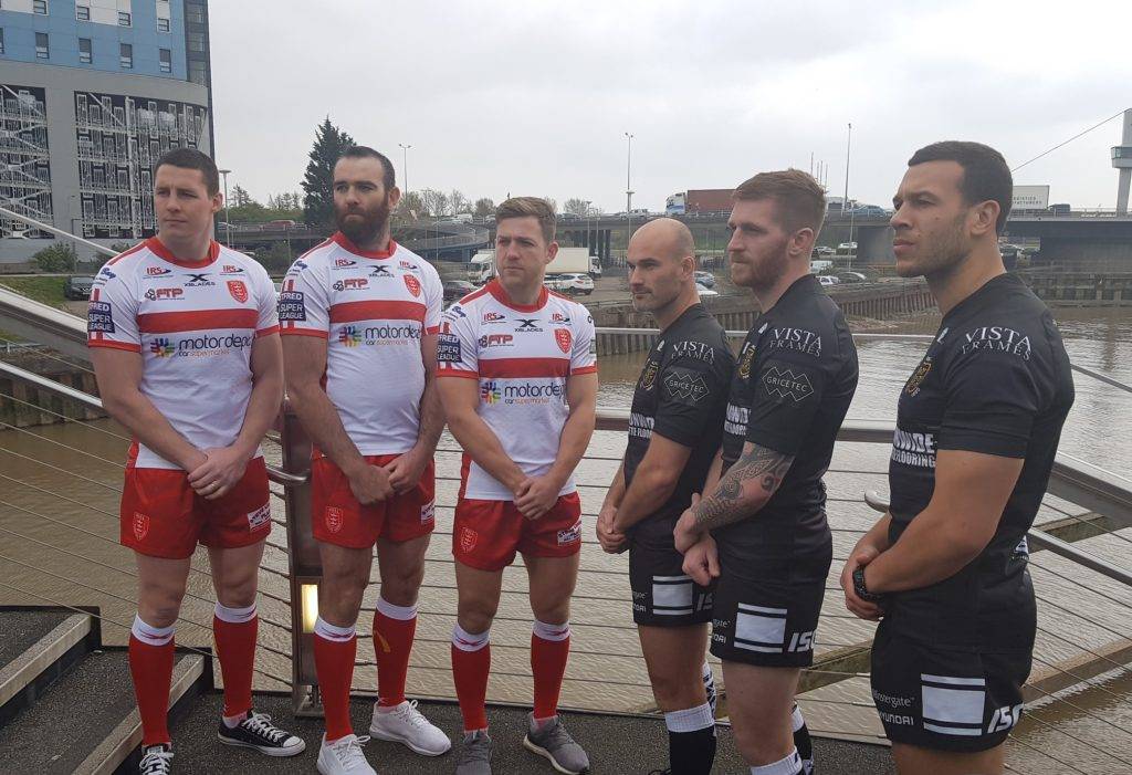 From left, Hull KR stars Joel Tomkins, Kane Linnett and Chris Atkin, and Hull FC stars Danny Houghton, Marc Sneyd and Carlos Tuimavave at Scale Lane Bridge in Hull.