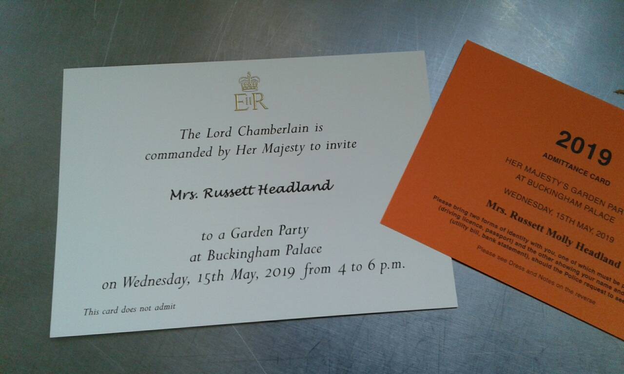 Newland St. John senior cook Russet Headland's invitation for to Buckingham Palace garden party.