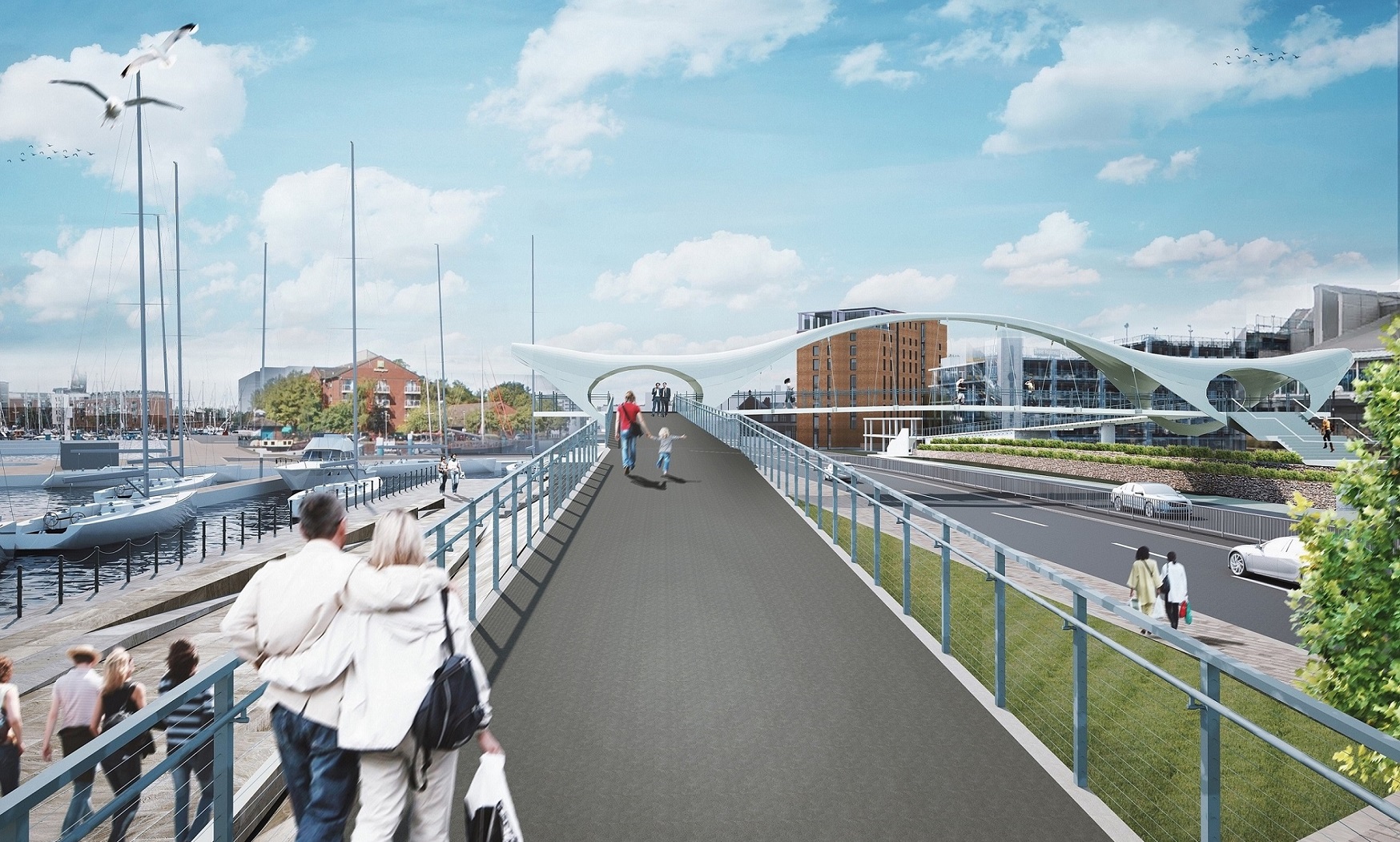 A view of the new nine-storey hotel, also showing the new Princes Quay footbridge, currently under construction.