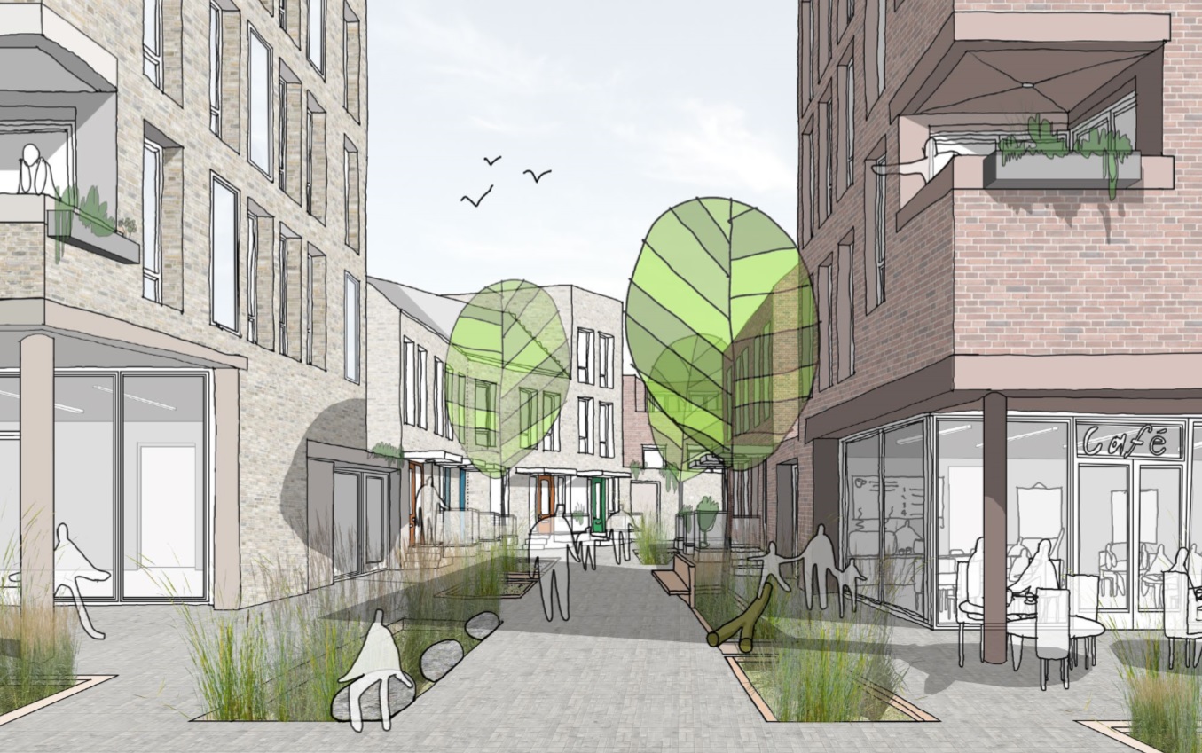 Harper Perry's winning design in the RIBA Living With Water competition featured pedestrian priority streets, soft-planted beds to hold water runoff and raised entrances to all houses.