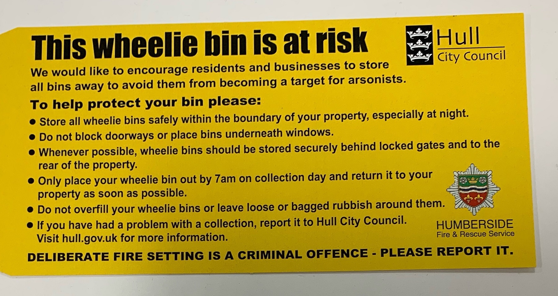 A wheelie bin risk tag