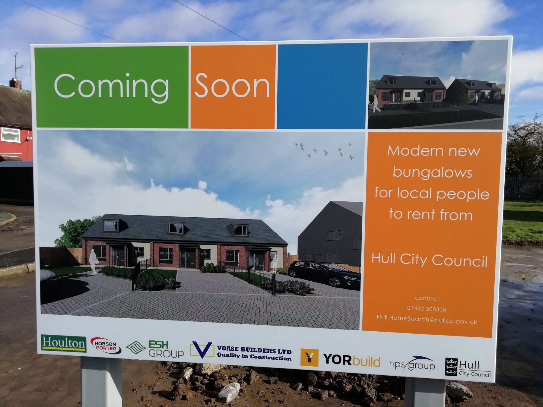 A board saying modern housing will soon be available to rent by the people of Hull
