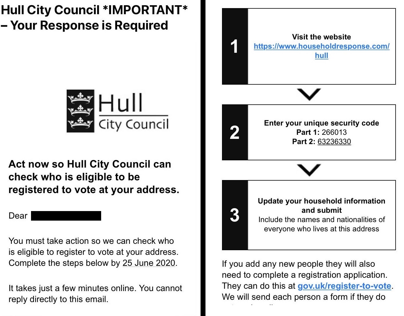 An email from the council's electoral services