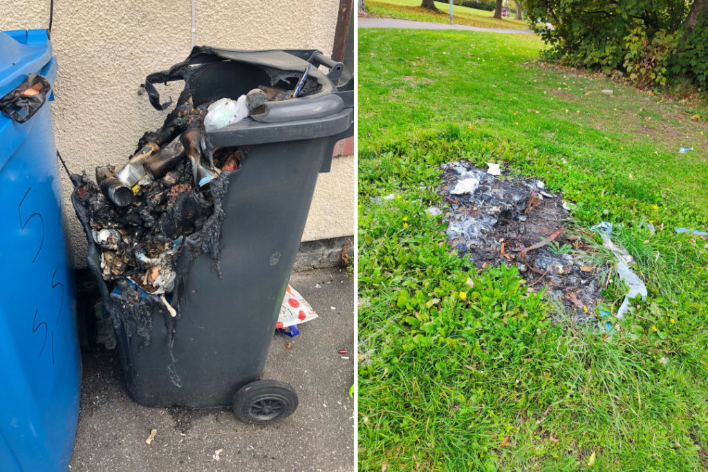 Collage of two photographs of wheelie bins damaged by fire