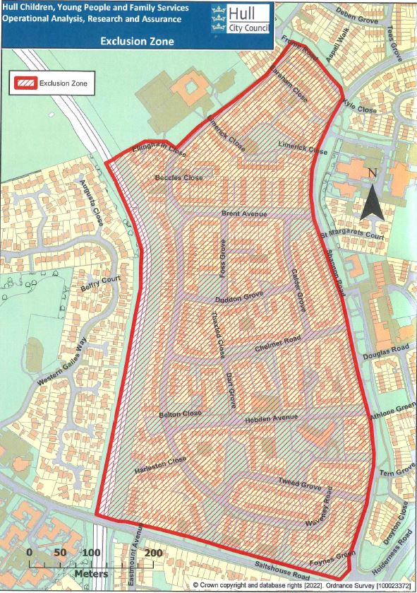 a map of the Longhill area in Hull. Red hatching covers the streets Vaughan must not enter. These streets are listed in the text. 